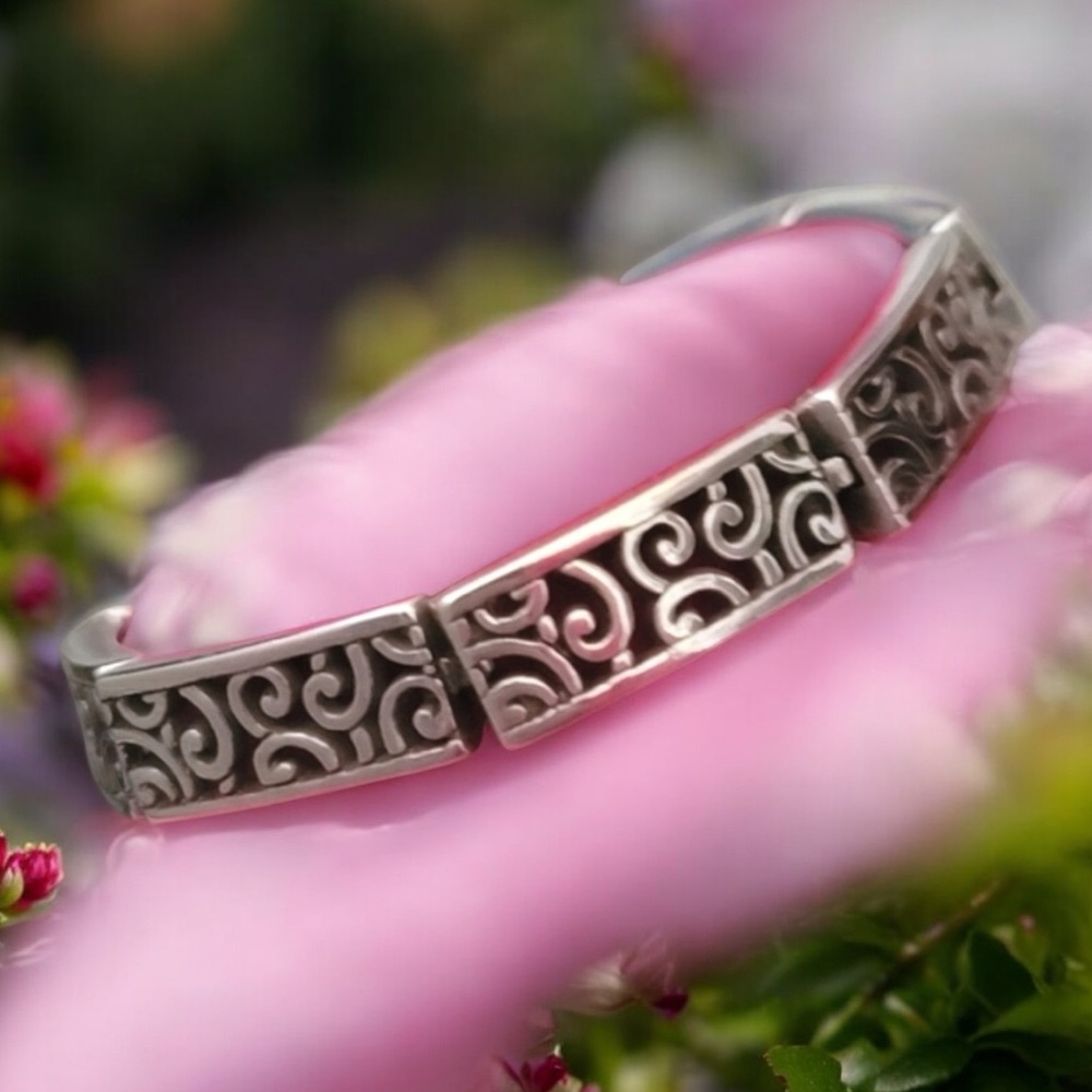 Brighton Silver Tone Scroll Work Panel Chain Link Bracelet 7.25"-8.25" EUC